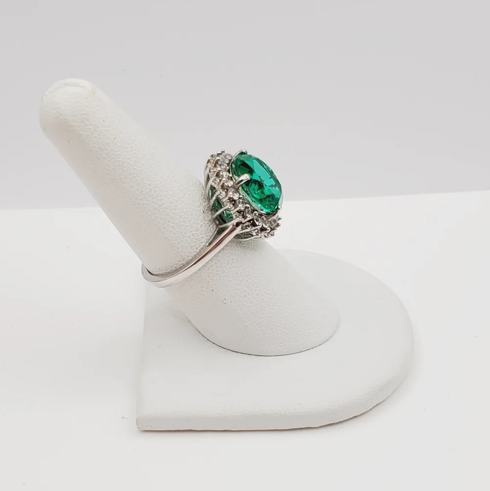 Emerald Green Quartz & White Zircon Halo Ring Platinum - 925 Sterling Silver
